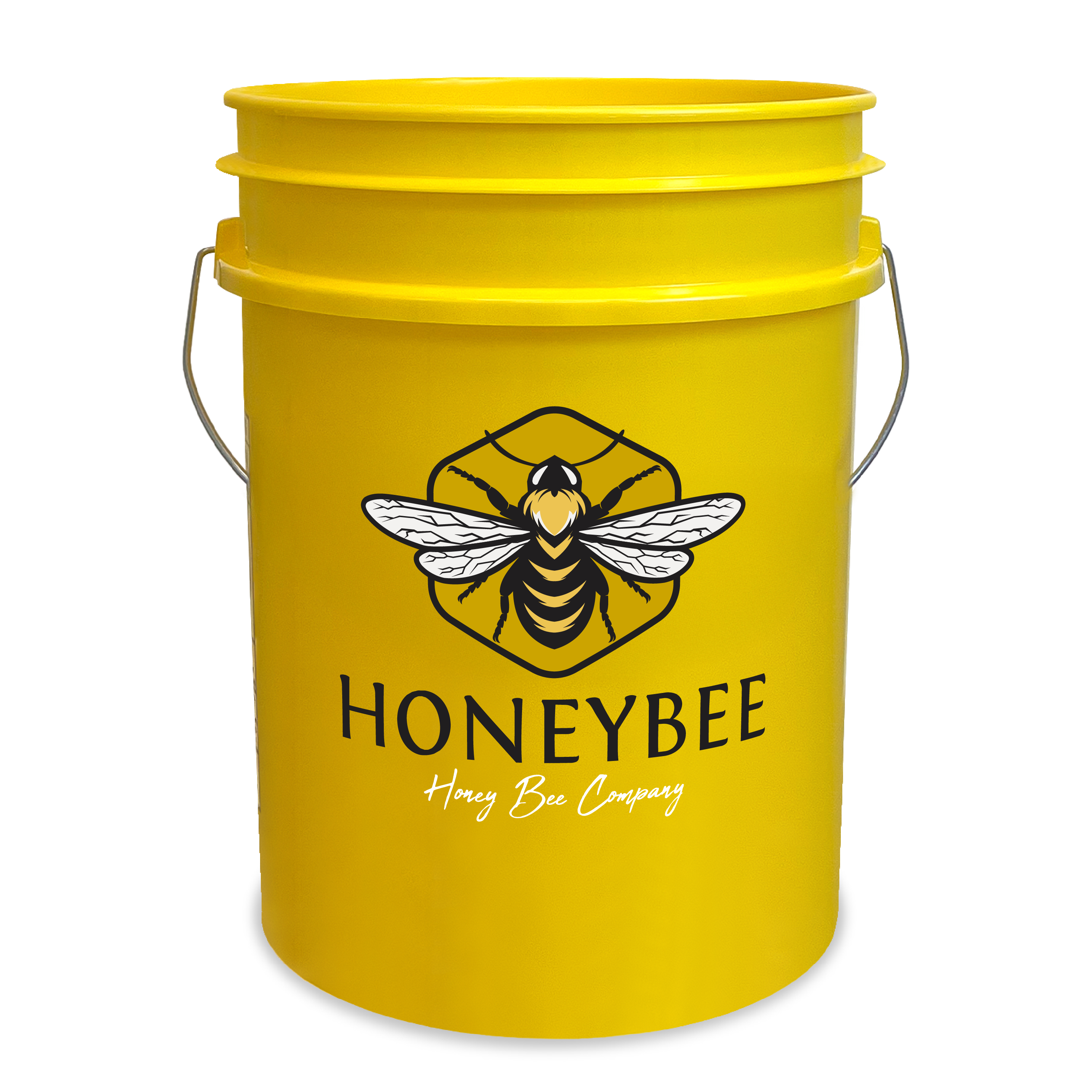 A bright yellow bucket with metal handles, featuring a black and white bee illustration and the words “HONEYBEE Honey Bee Company” printed on the front.