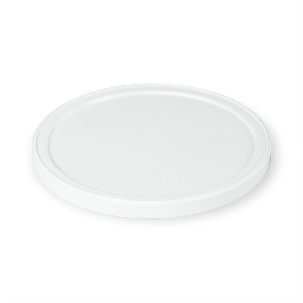 A plain, round, white plastic lid seen from above on a white background.