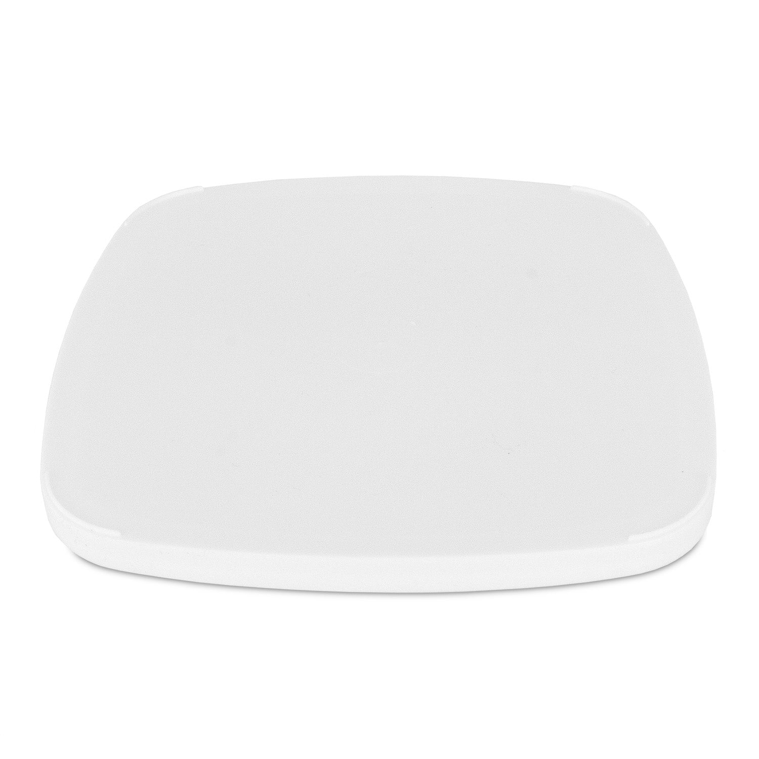 A plain, white, square plastic plate with rounded edges, shown from above on a white background.