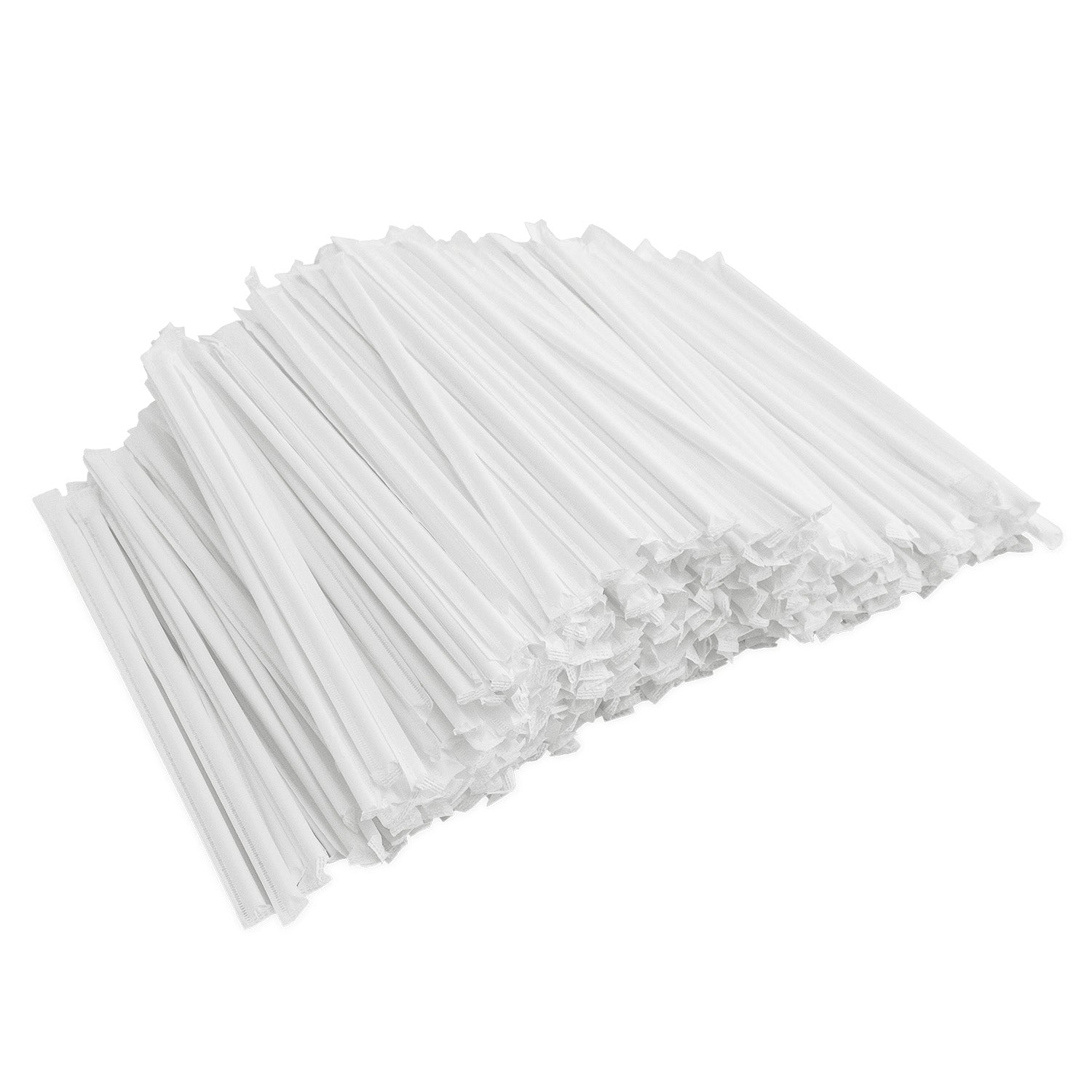A large pile of individually wrapped white plastic straws, stacked in a slightly uneven heap against a white background.