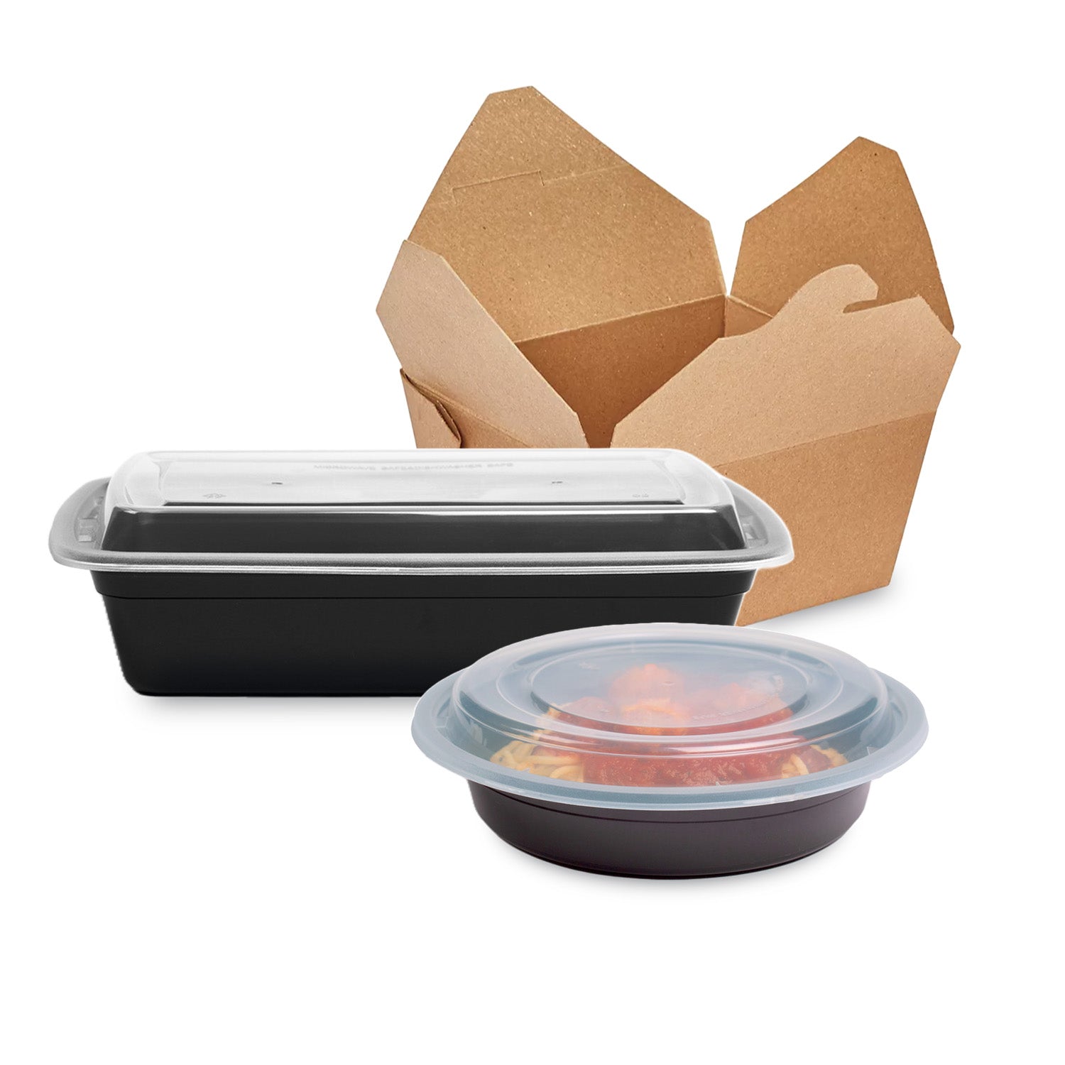 Three types of takeout food containers: a brown paper box in the back, a rectangular black plastic container with a clear lid, and a round black plastic container with a clear lid containing food.