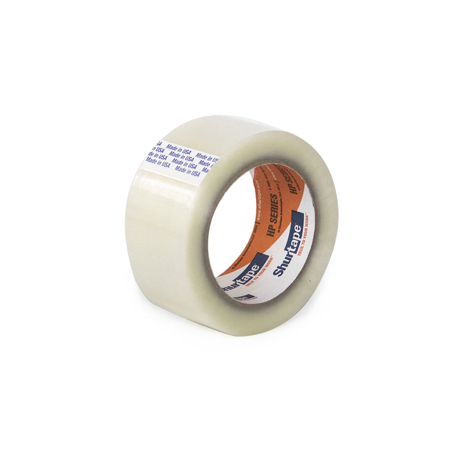 A roll of clear packing tape with a white and orange label inside the core, placed on a plain white background.