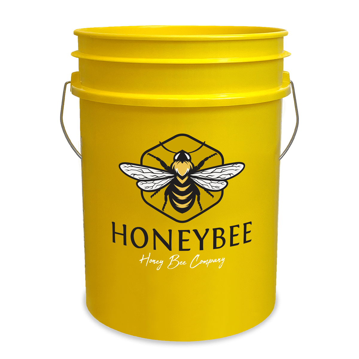 A bright yellow bucket with metal handles features a bee illustration inside a hexagon and the text HONEYBEE Honey Bee Company printed on the front.