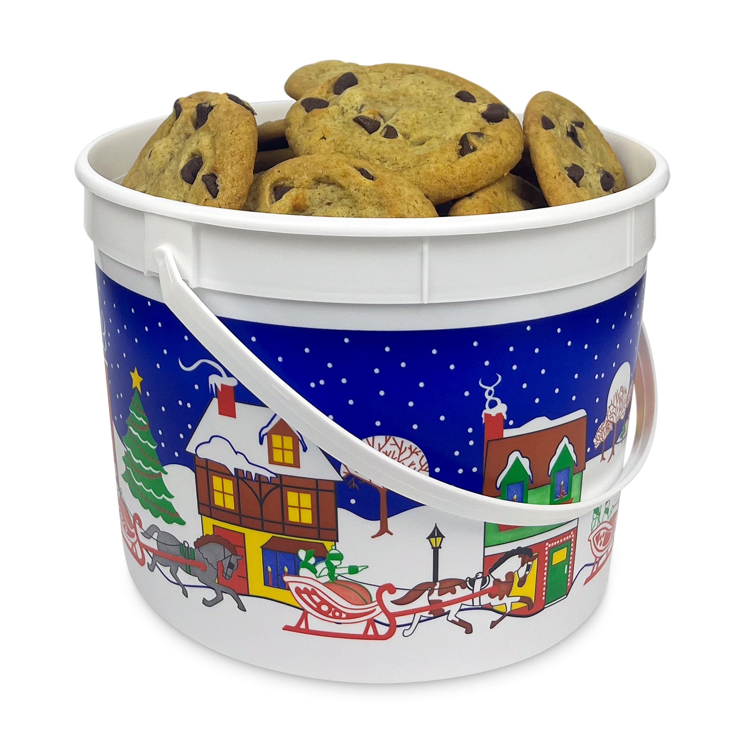 A 1.1-gallon BPA-free food-grade bucket (T801134B), white plastic with a festive winter village and sleigh design, is filled with chocolate chip cookies and displayed against a plain background. Case of 100 available.