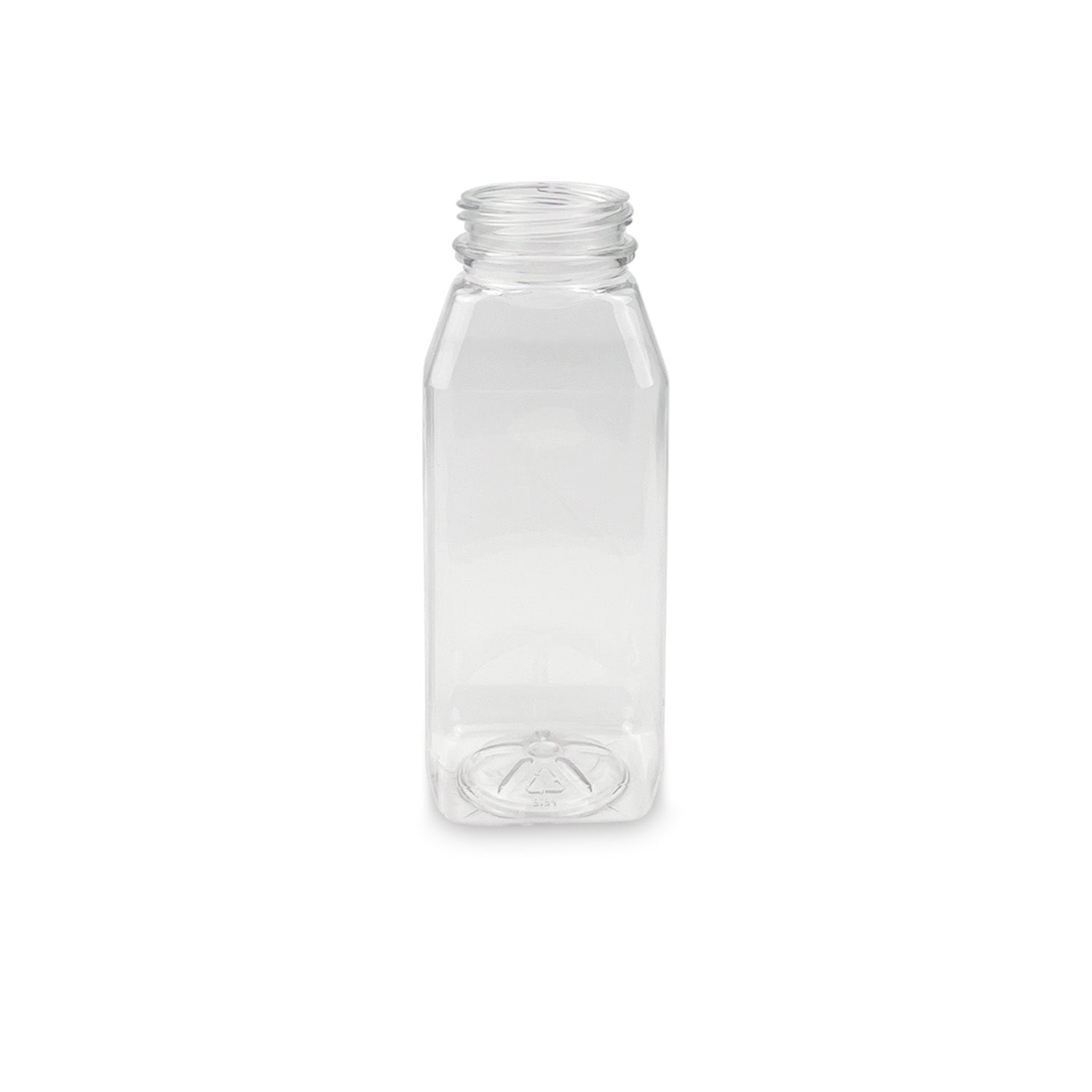 A clear, square, BPA-free food-grade plastic bottle (4 oz. to 32 oz.), no cap, with a wide neck stands upright against a white background. Sold in cases of 100.