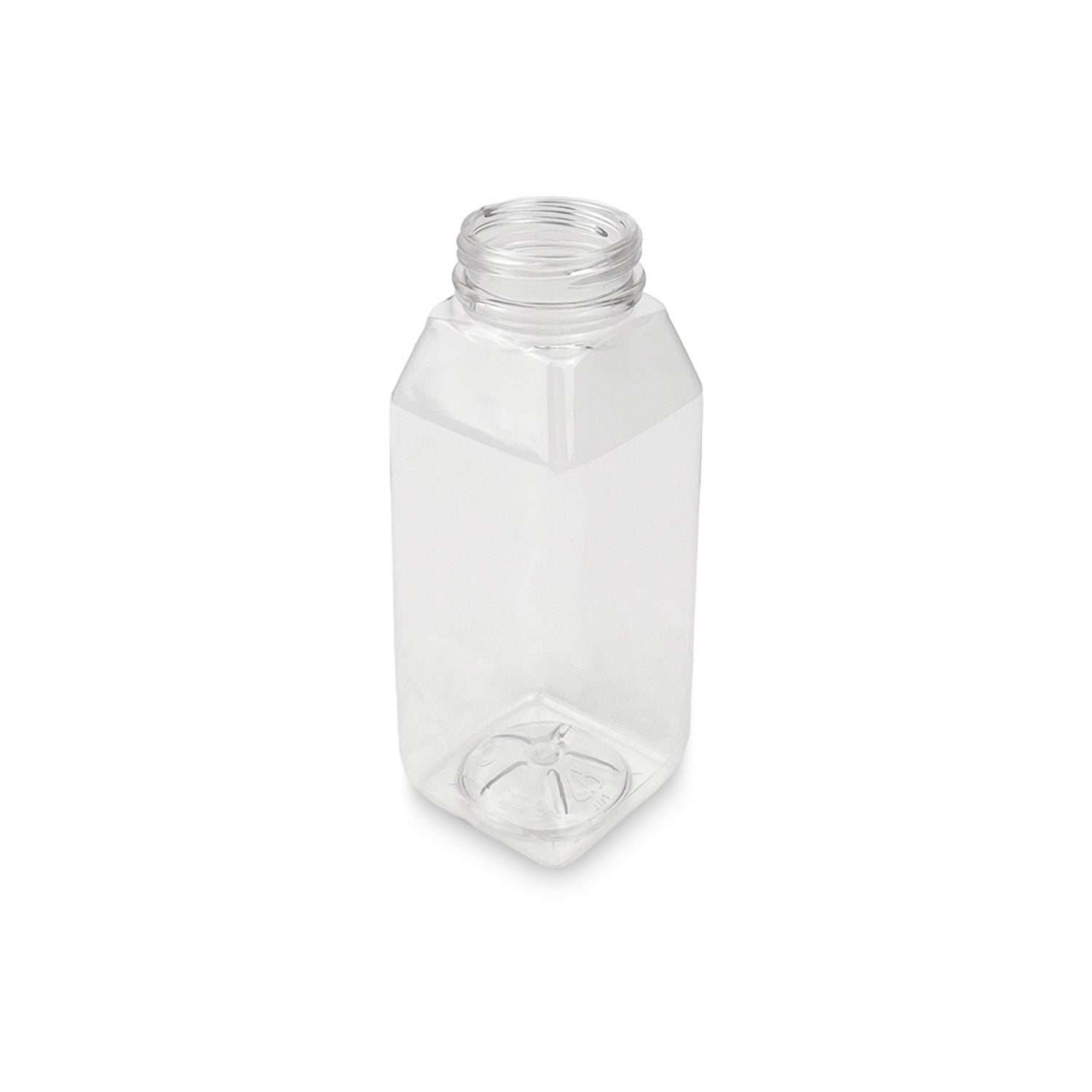 A BPA-free, food-grade plastic square bottle (4 oz. to 32 oz.) with a wide mouth, shown empty on a plain white background; available in cases of 100.