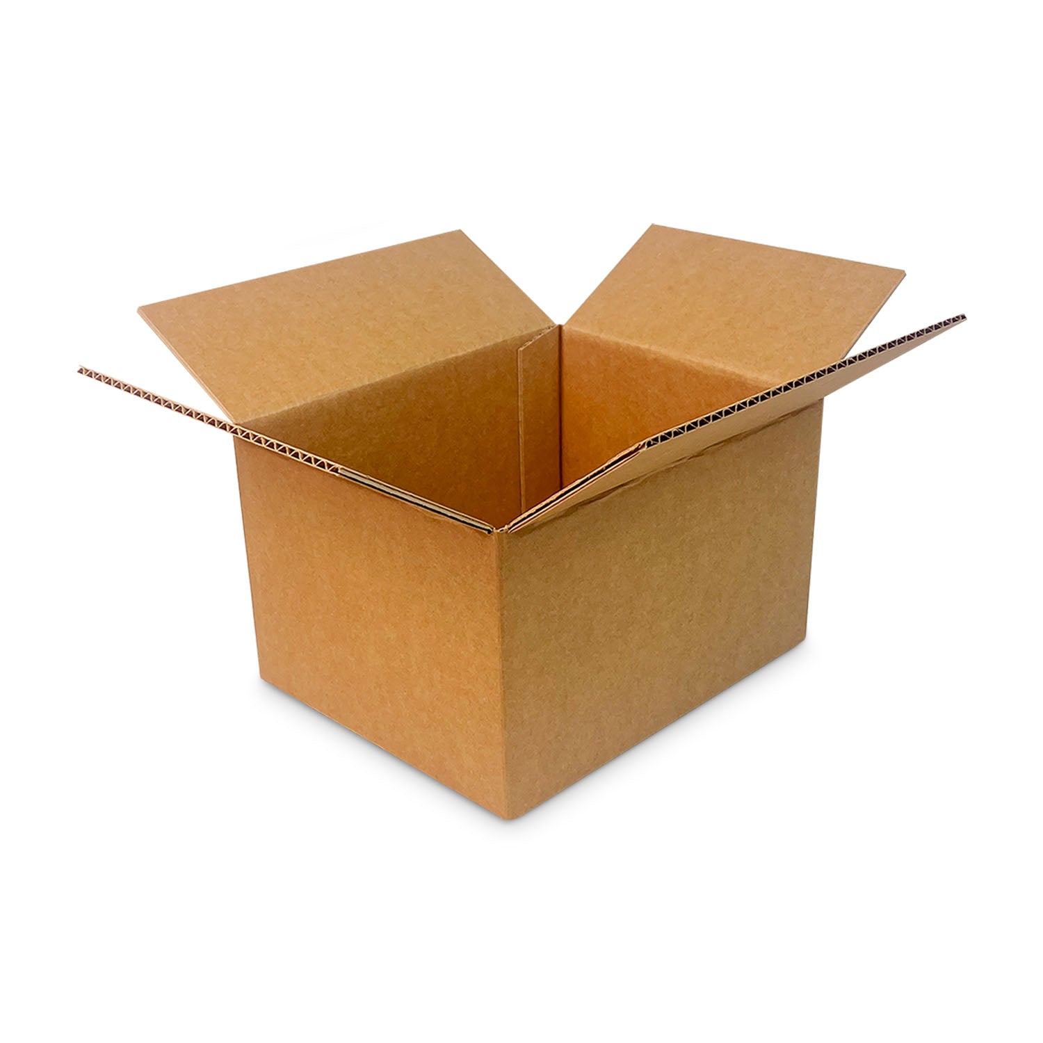 A 10x8x6 corrugated cardboard box (32 ECT), open with flaps partially raised, shown against a white background; part of a case of 25 boxes.