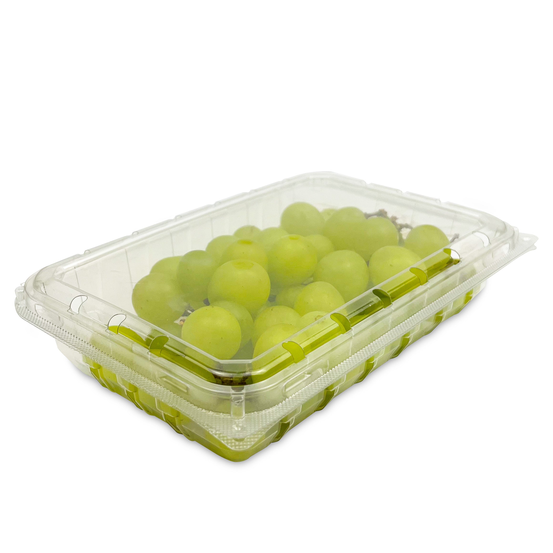 An 11 oz. Clear Vented Clamshell Produce/Berry Container, case of 280, filled with green grapes and sealed with a transparent lid, is displayed on a white background.