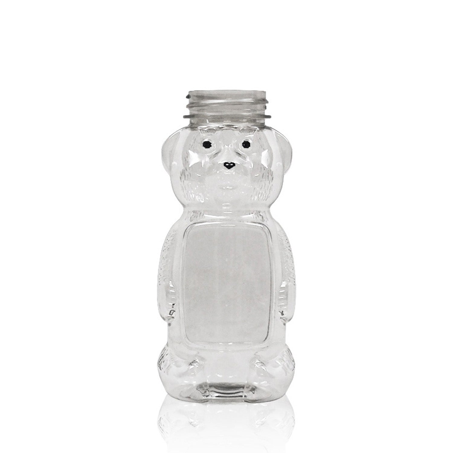 A case of 100 clear, empty Bear Shaped Honey Bottles with threaded necks for caps, designed to stand upright against a white background.