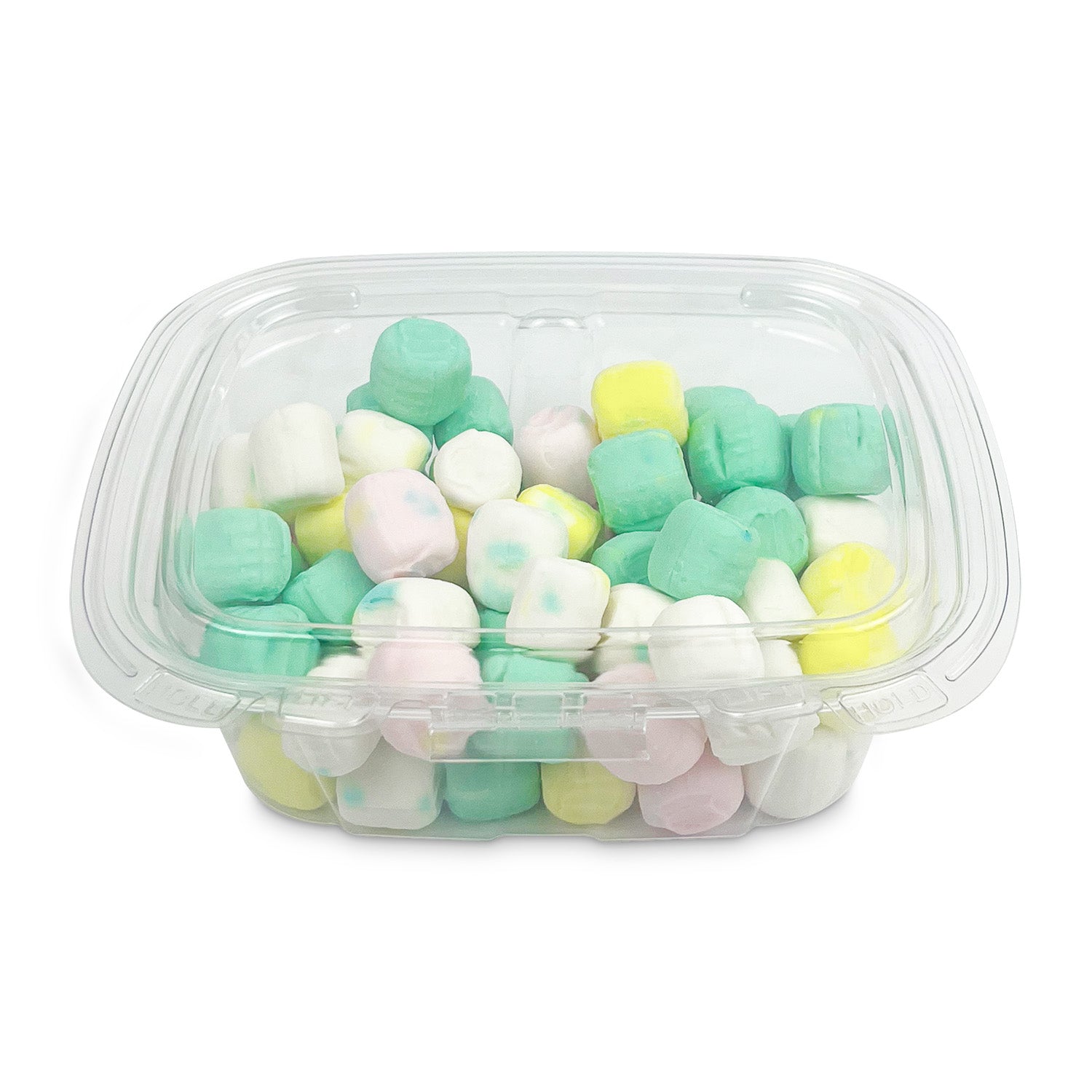 A 12 oz. Crystal Seal tamper-evident container (case of 210) holds pastel marshmallows in green, yellow, white, and pink.