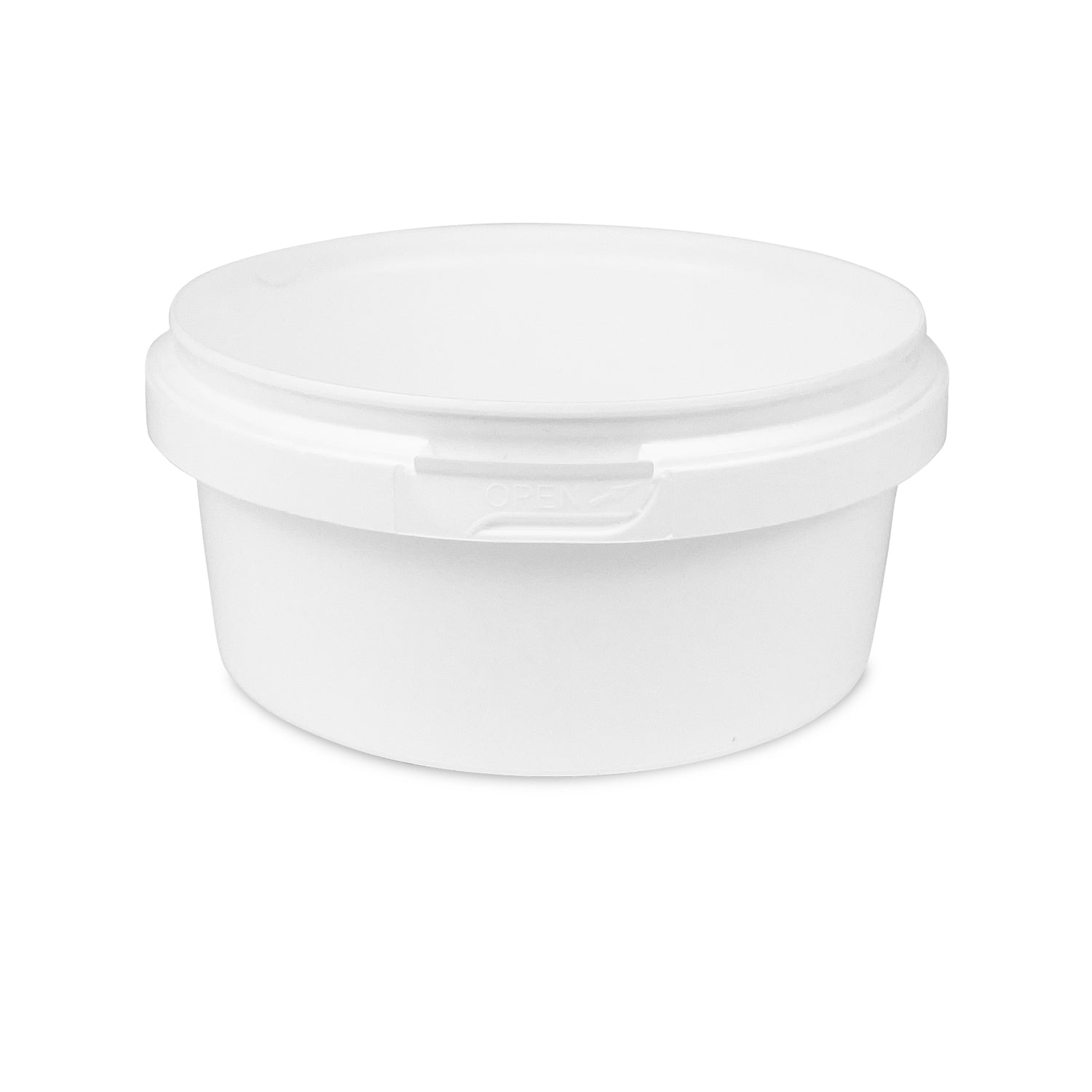 A 12 oz. BPA-Free UniPak tamper-evident round container (T40412UPTRCP) with matching lid and OPEN tab, made of food-grade plastic. Shown against a white background. Sold in a case of 500.