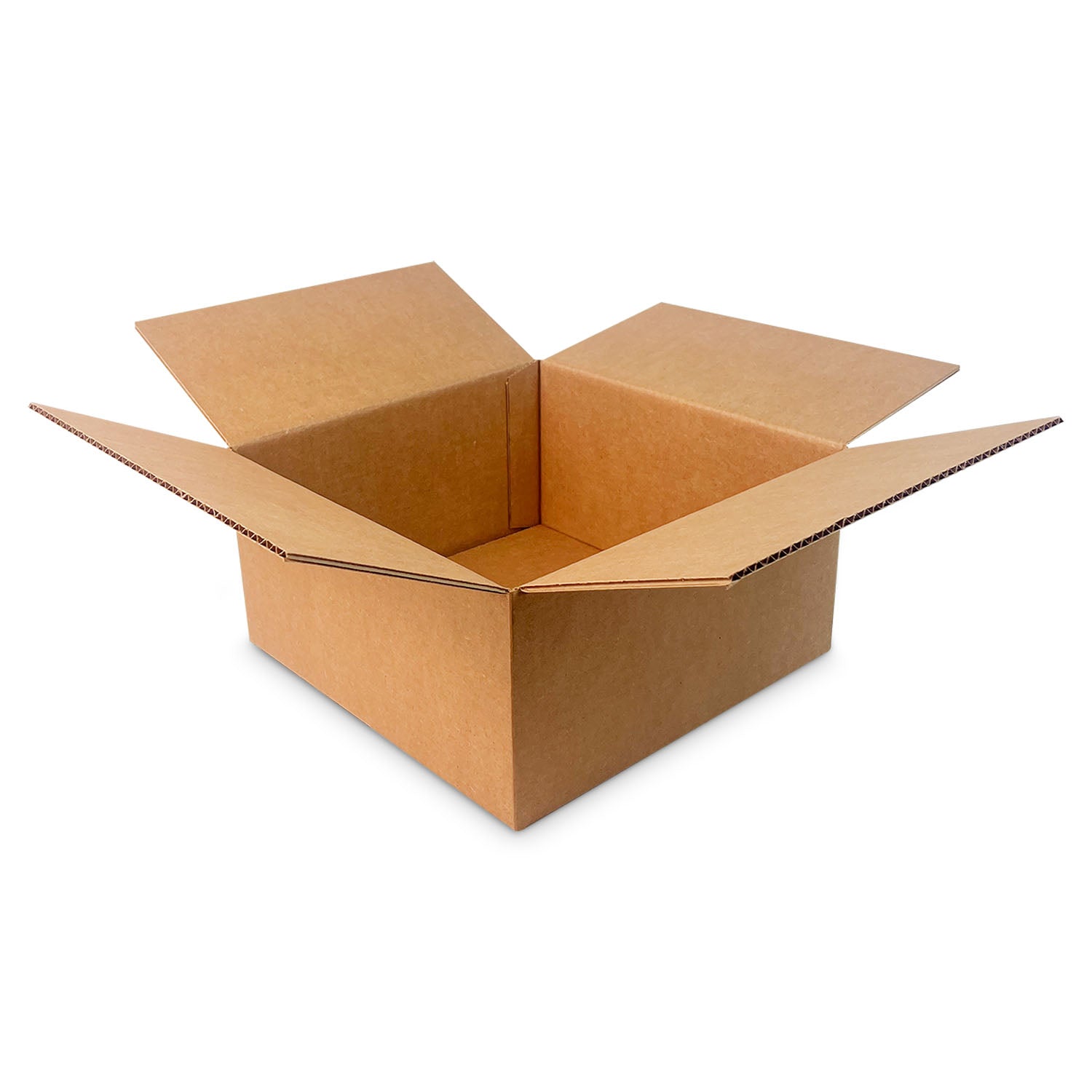 A 12x12x6 Corrugated Box (32 ECT), shown open with flaps spread outward and viewed from above, is displayed against a white background. This is part of a case of 25 boxes.