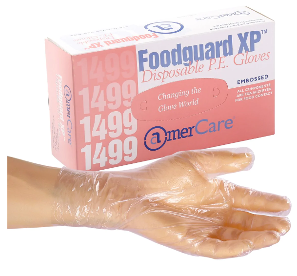 A hand wearing a transparent disposable glove is shown in front of a pink and white box labeled Foodguard Embossed HDPE Poly Gloves - Case of 500. The packaging also displays product details.
