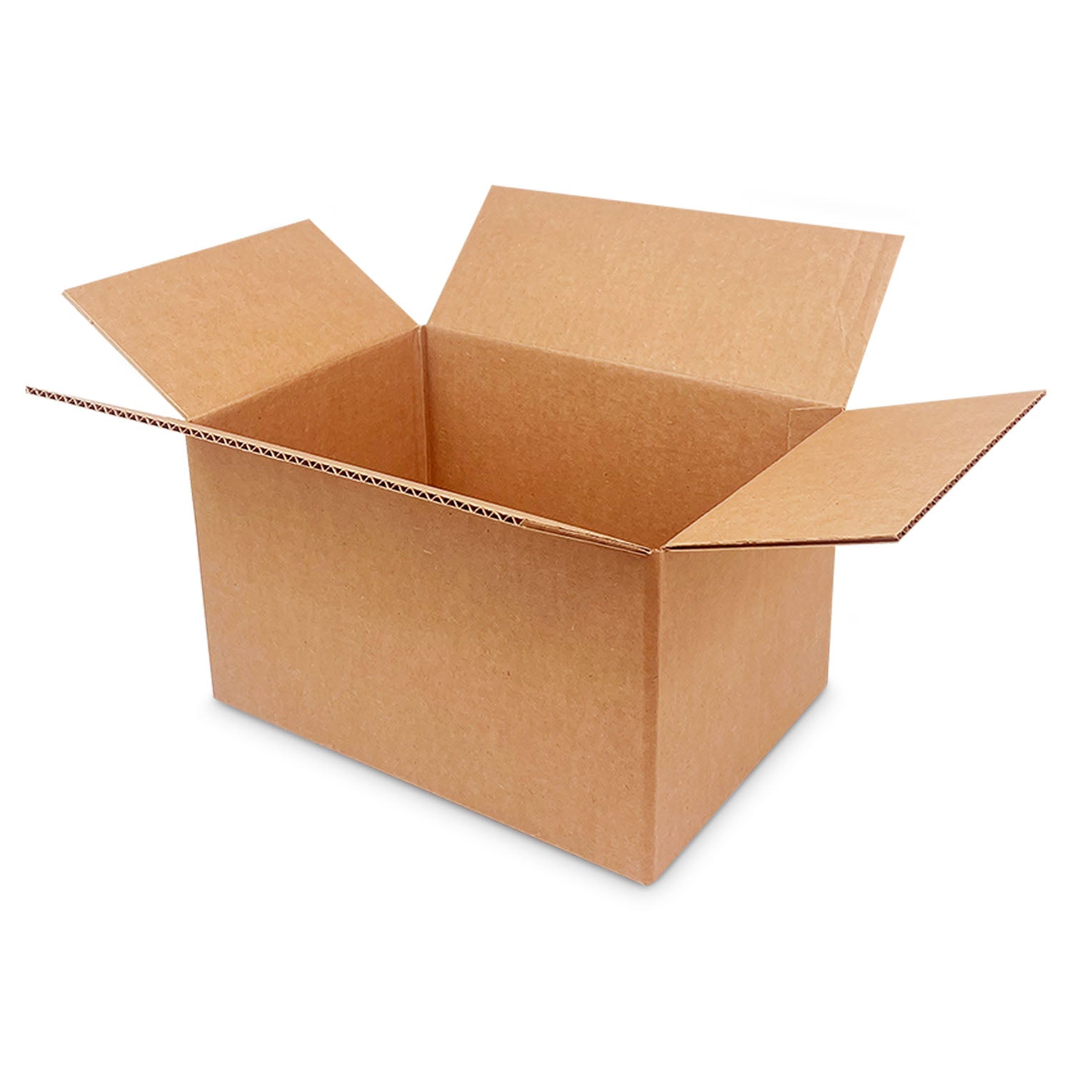 A 14x10x8 corrugated cardboard box (32 ECT) from a case of 25, open with four flaps up, displayed on a white background.