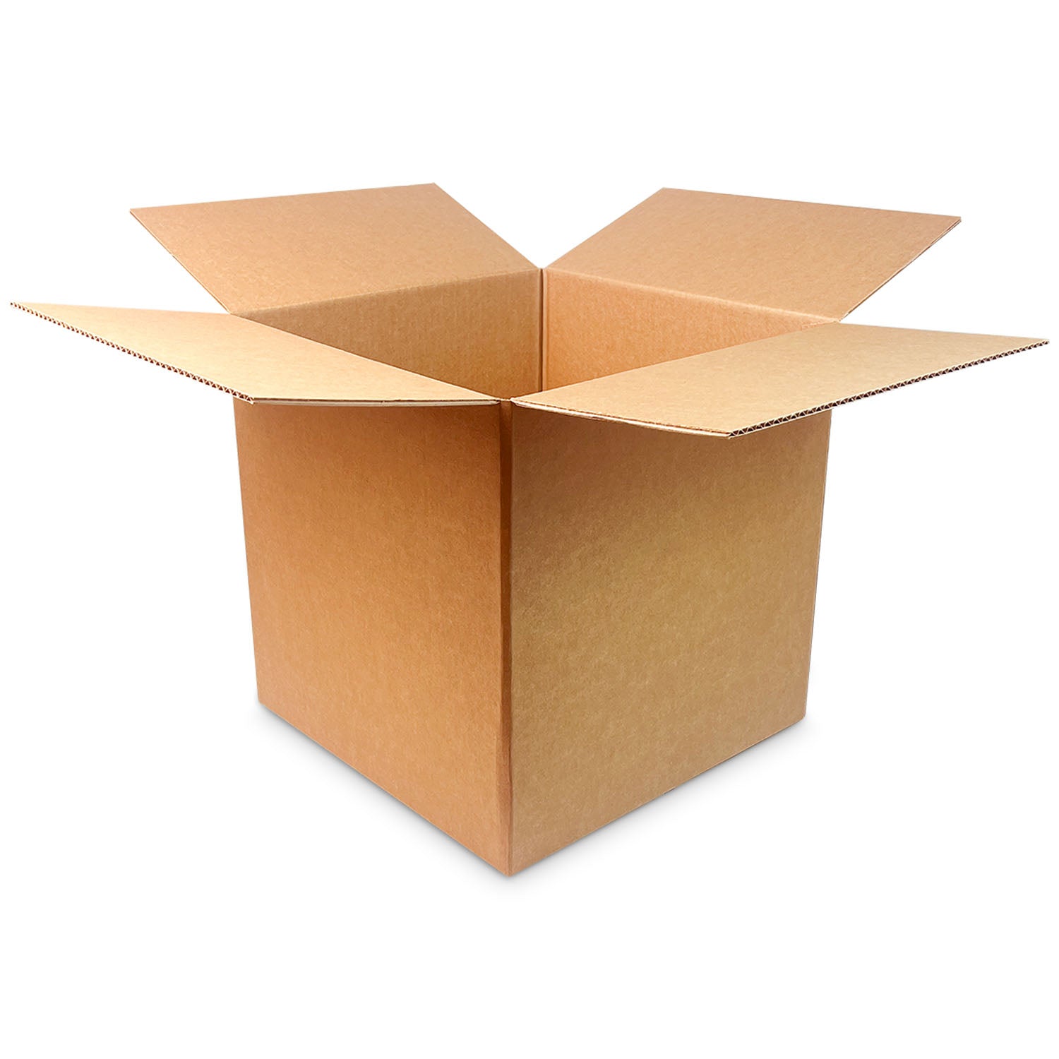 A 15x15x15 Corrugated Box (32 ECT) from a case of 25 stands upright with open flaps on a white background. The plain brown box is empty.