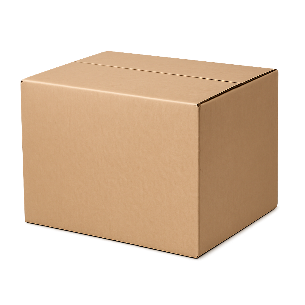 A 16x12x12 light brown corrugated box from a pallet of 250 boxes is displayed closed against a white background.
