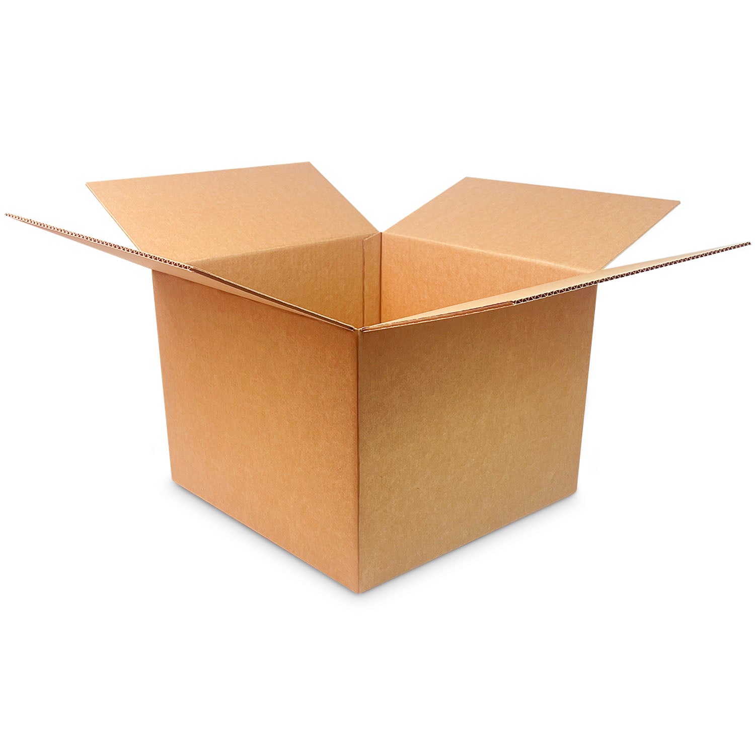A 16x16x12 corrugated box (32 ECT) from a case of 25, shown with its four flaps open and viewed from a slightly elevated angle on a white background.