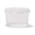 An 18 oz. BPA-Free Food-Grade UniPak Tamper-Evident Round Container (T40418UPTRCP) with a snap-on lid, empty and clear, is shown on a white background. Case of 500 containers included.