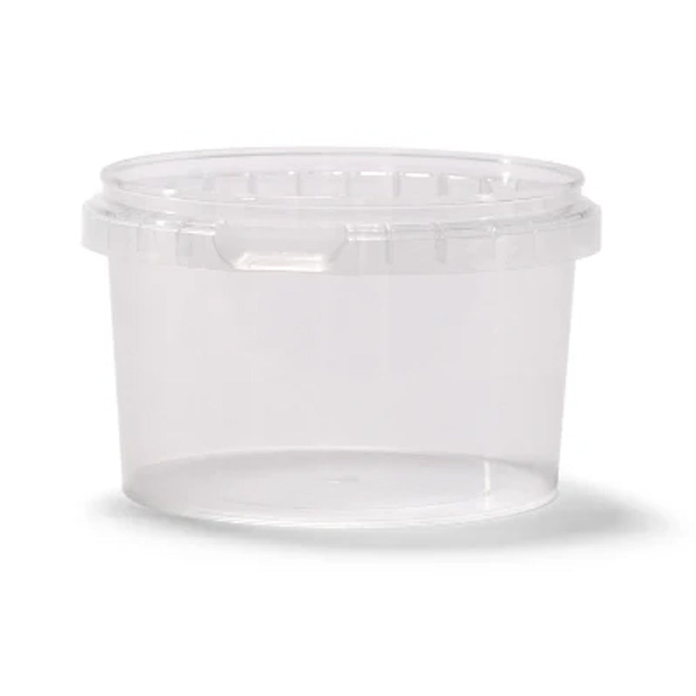 An empty, transparent 18 oz. BPA-free UniPak Tamper-Evident Round Container (T40418UPTRCP) with a snap-on lid is shown against a white background; food-grade plastic, case of 500.