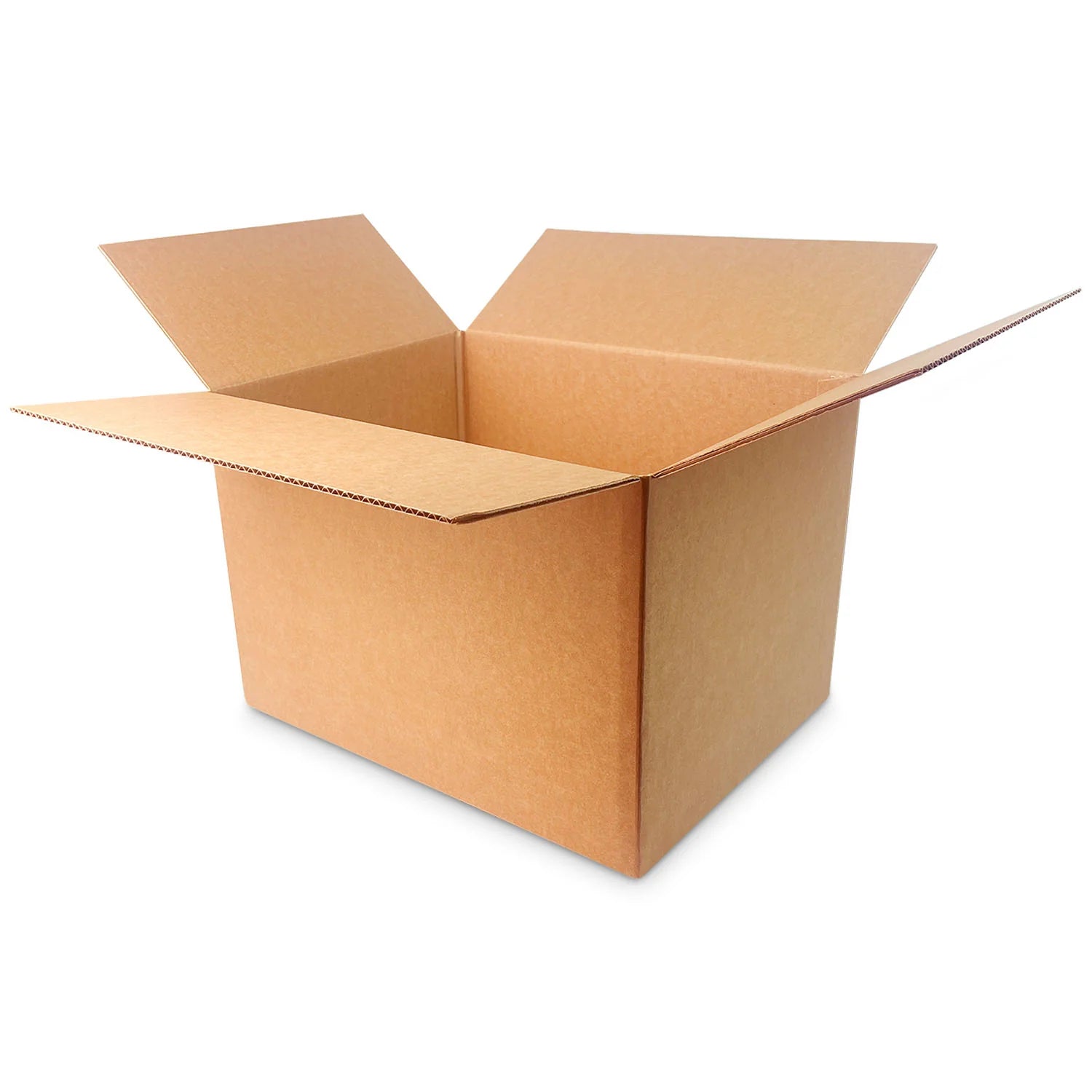 An 18x14x12 corrugated box (32 ECT) from a case of 25 is shown with its top flaps open on a white background.
