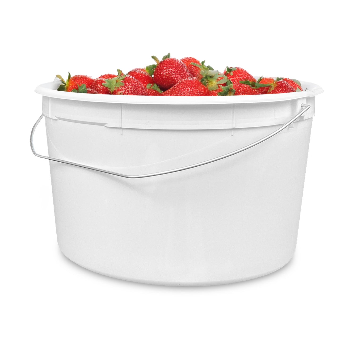 A 1 Gallon BPA-Free Food-Grade Bucket with wire handle (T809128W), filled to the top with fresh red strawberries and green stems, is set against a plain white background; available by the case of 120.