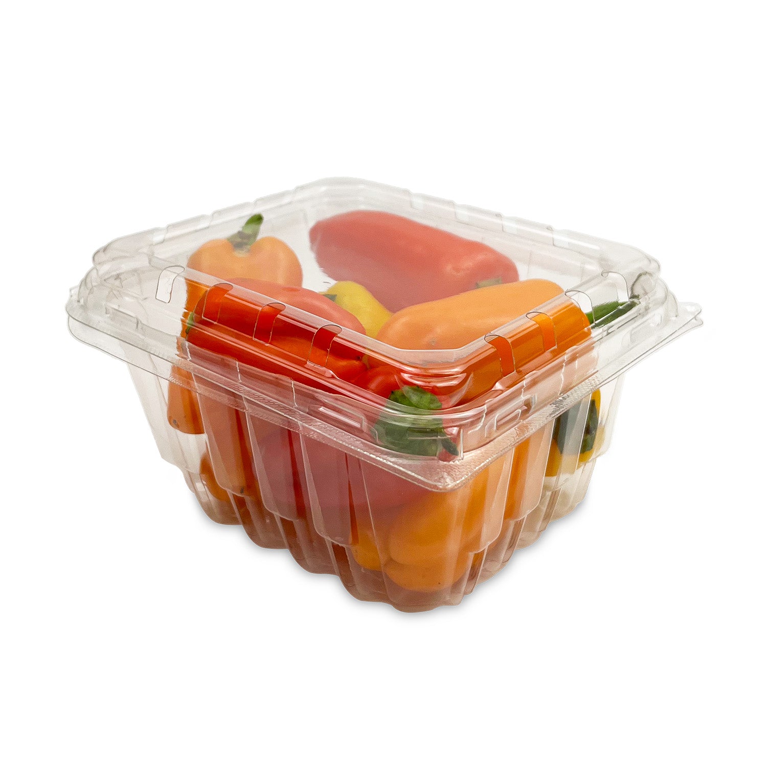A 1 Pint (16 oz.) Clear Vented Clamshell Produce/Berry Container holds assorted red, orange, and yellow mini sweet peppers and is shown on a white background.