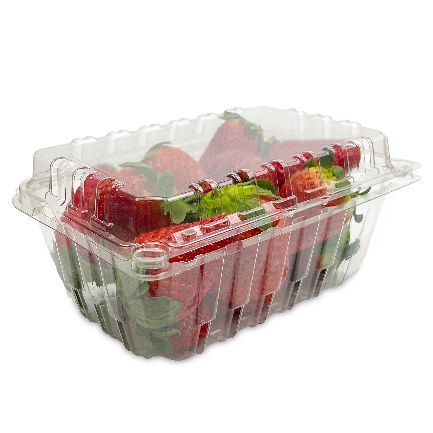 A 1 lb. Clear Vented Clamshell Produce/Berry Container, shown filled with fresh strawberries, is displayed at an angle against a white background. Case of 420 containers.