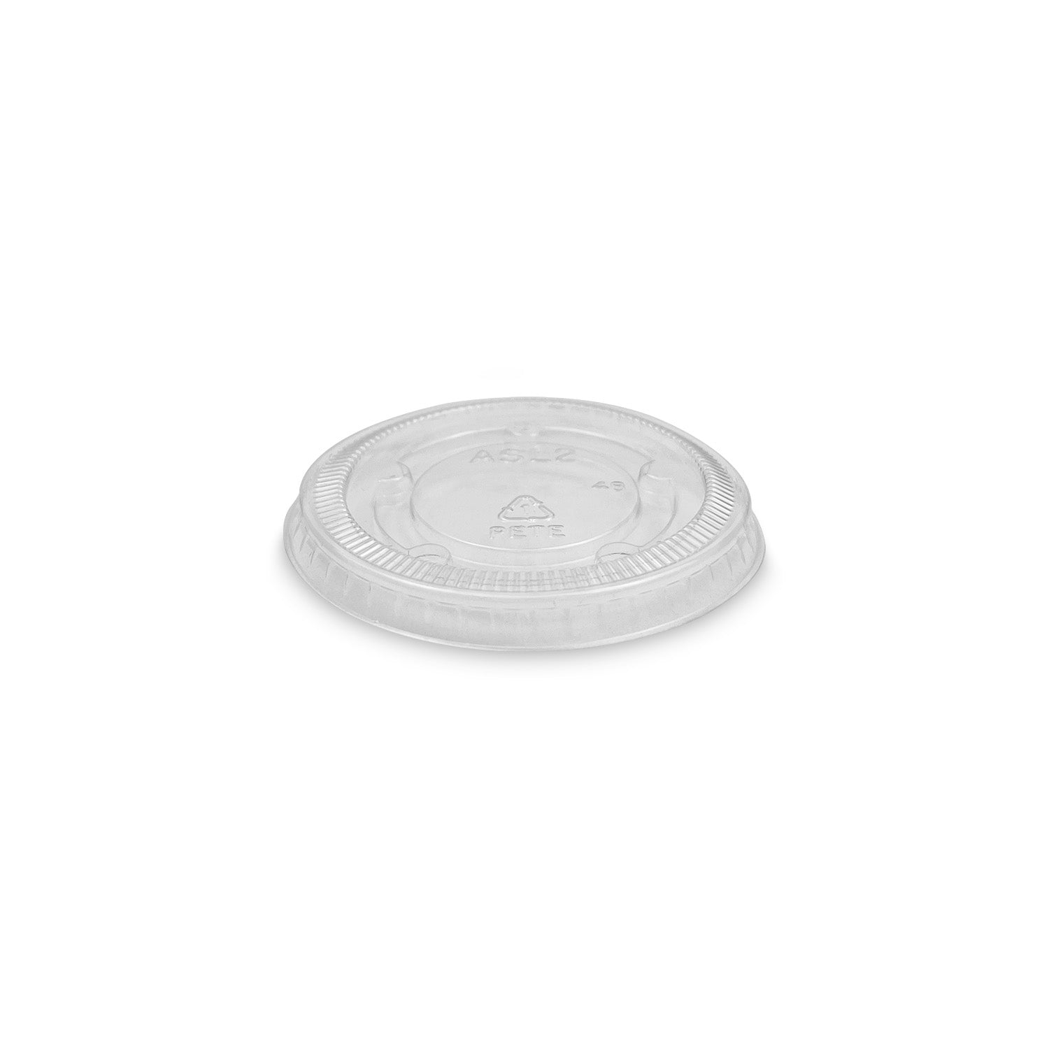 A 1 oz. BPA-free, food-grade transparent portion cup lid with a raised edge and embossed recycling symbols is shown on a white background. Sold in cases of 500.
