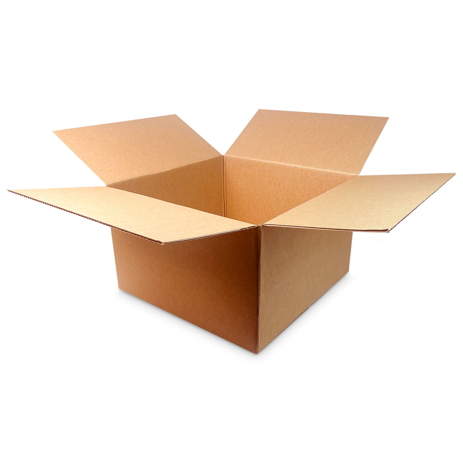 A 20x20x12 corrugated box (32 ECT) from a case of 10 is shown with its four top flaps open against a white background.