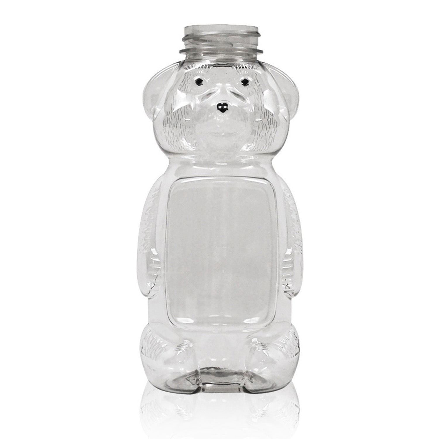A case of 100 clear, empty Bear Shaped Honey Bottles featuring detailed faces and paws, perfect for honey storage. Bottles are displayed against a white background.
