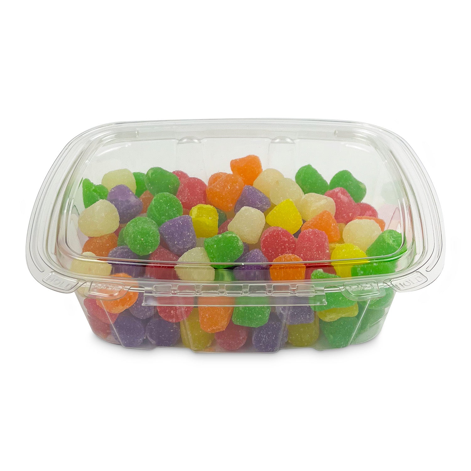 A 24 oz. Crystal Seal Tamper-Evident Container (case of 164) holds colorful gumdrops—green, orange, red, yellow, white, and purple—each coated in sugar.