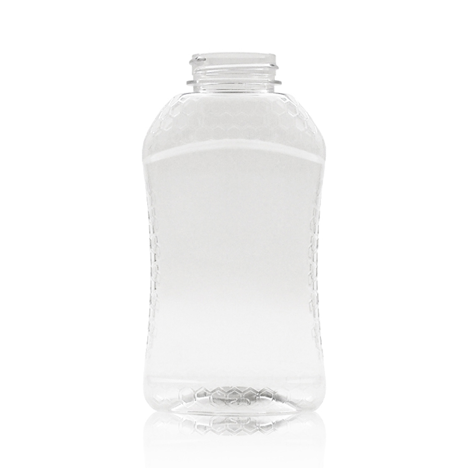 A 24 oz. PET Honeycomb Hour Glass bottle (38/400 Standard) featuring a wide neck and hexagonal textured pattern on the sides, shown standing upright against a white background.