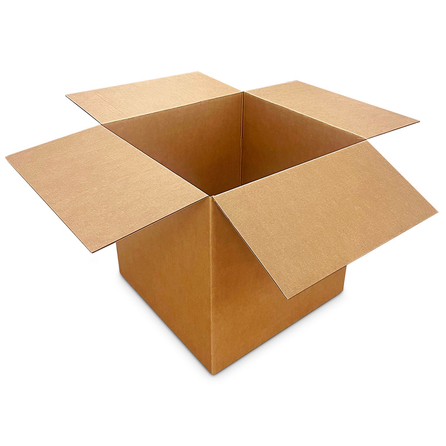 A 24x24x24 corrugated box (32 ECT) from a case of 10, shown with its top flaps open and viewed at an angle on a white background.