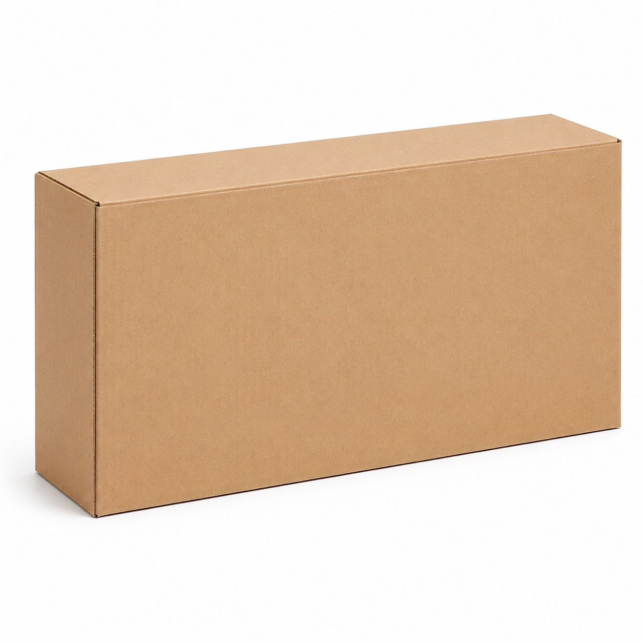 A plain, rectangular 24x7x21 corrugated box from a pallet of 300 boxes, with no markings or labels, photographed against a white background.