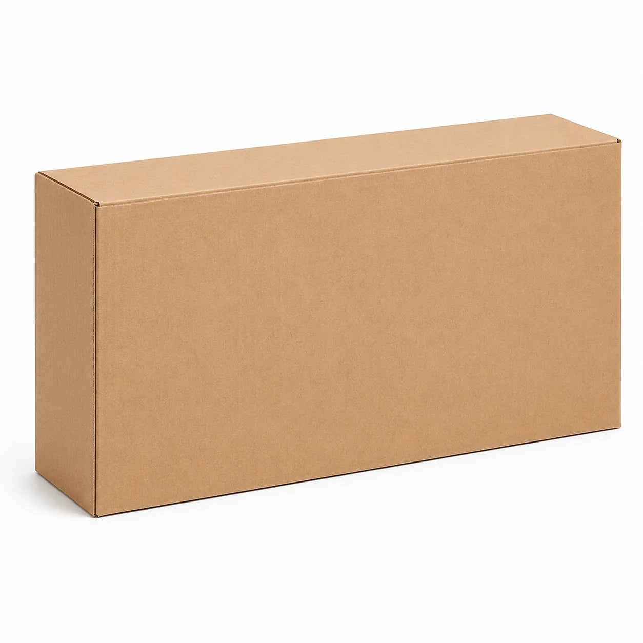 A plain, rectangular 24x7x21 corrugated box from a pallet of 300 boxes, with no markings or labels, photographed against a white background.