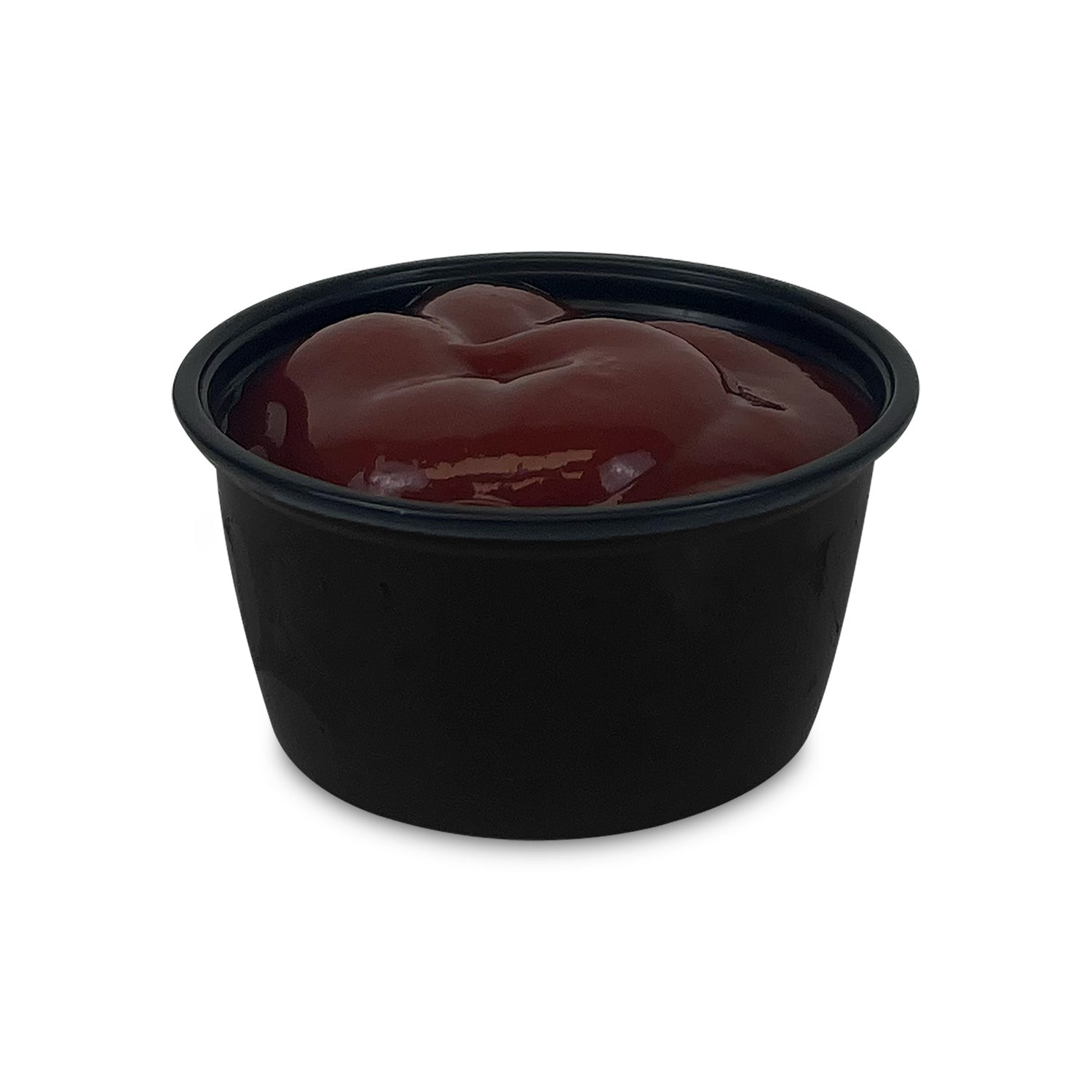 A 2 oz. BPA-Free Food-Grade Black Portion Cup, sold in a case of 500, filled with red ketchup and shown from the front against a plain white background.