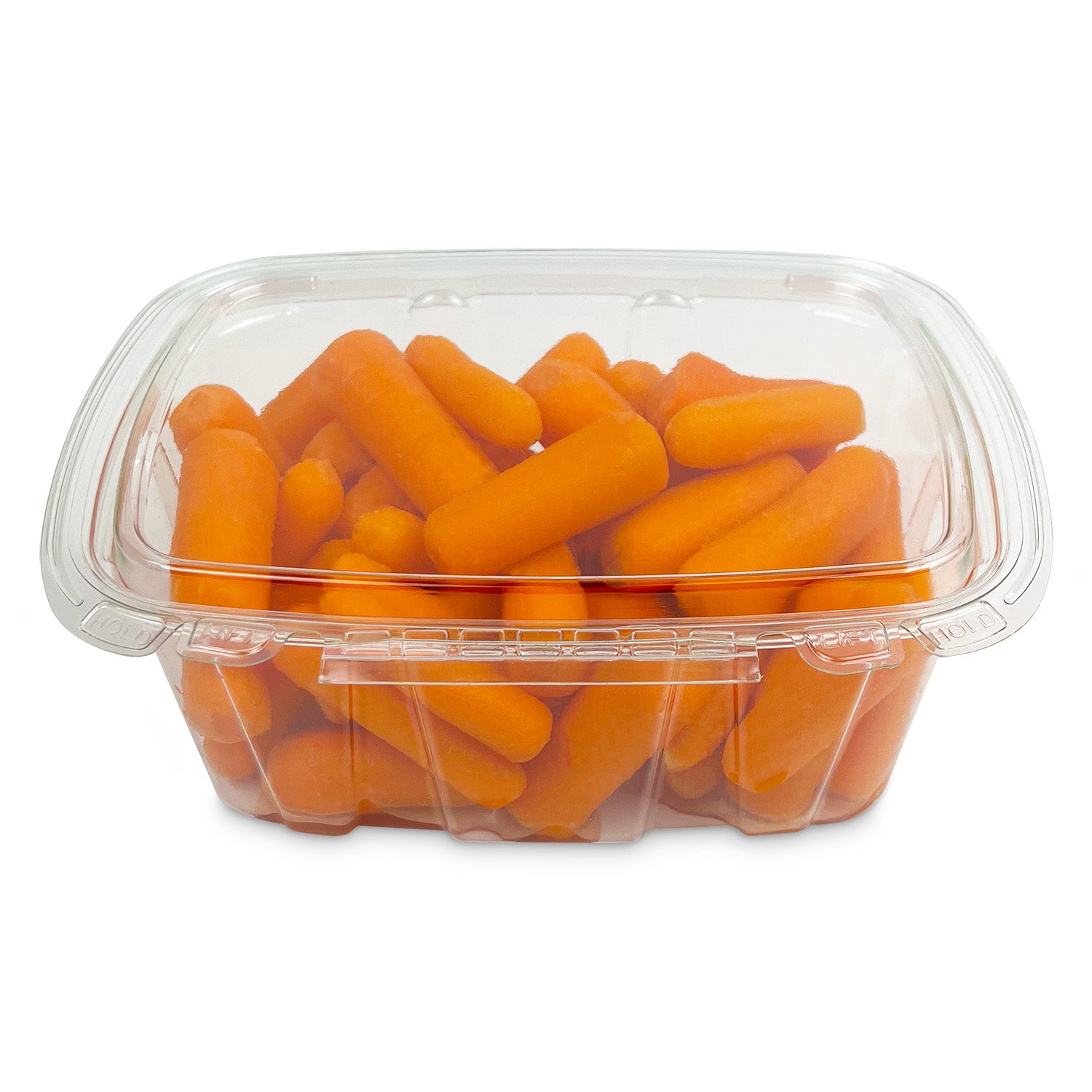 A 32 oz. Crystal Seal Tamper-Evident Container (case of 164) with the lid closed, filled with bright orange baby carrots.