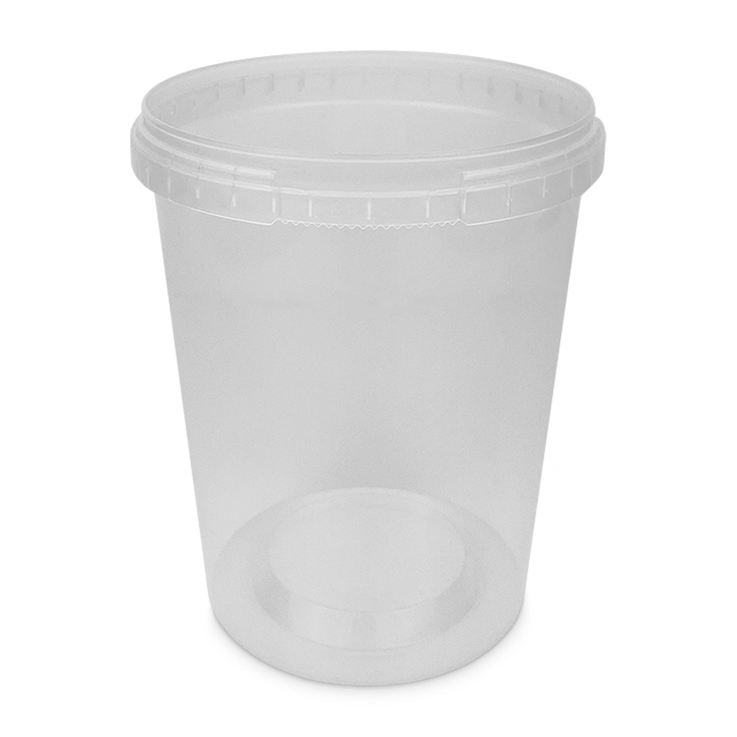 A 32 oz. BPA-Free Food-Grade Tamper-Resistant Container with fitted lid, translucent and round, ideal for storing food or takeout. Sold as a case of 250. Displayed empty on a plain white background.