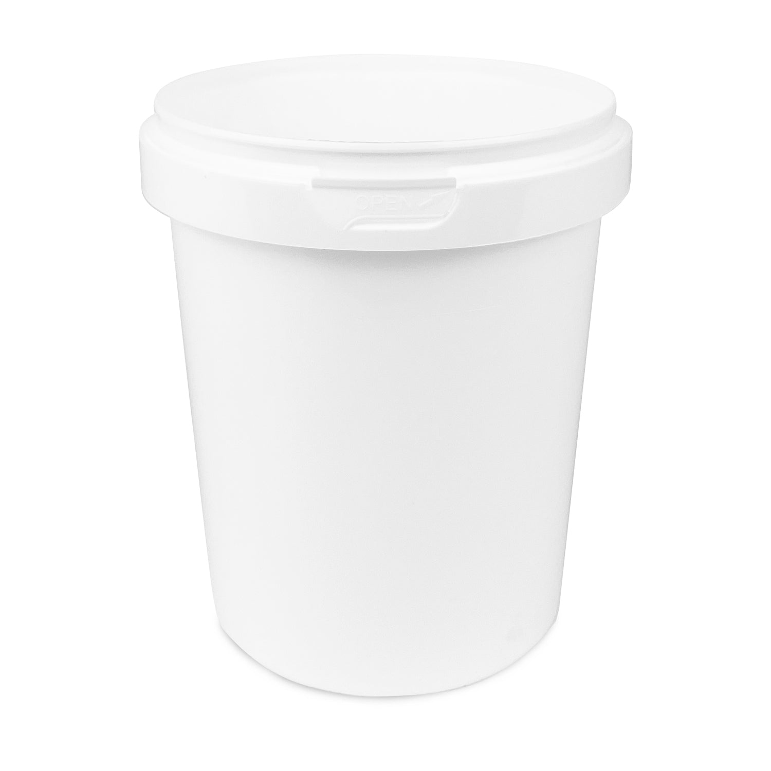 A 32 oz BPA-Free Food-Grade UniPak Tamper-Evident Round Container (T40432UPTRCP) with a snap-on lid, cylindrical shape, and white plastic finish, shown against a white background. Sold as a case of 400.