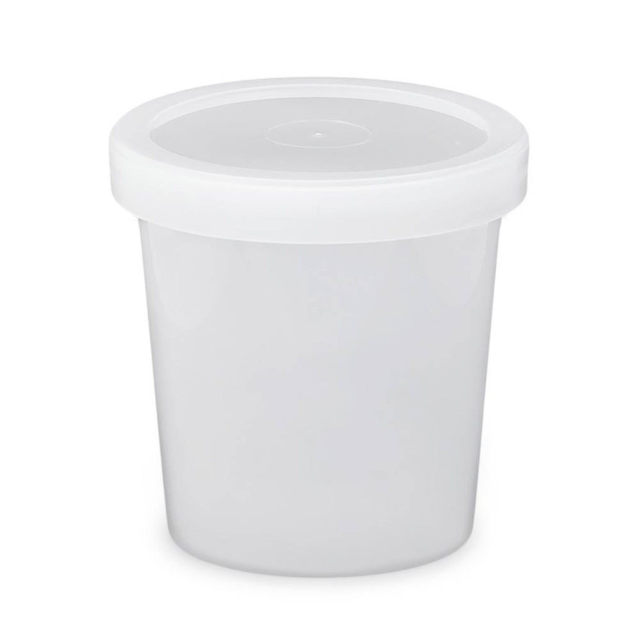 A 16 oz. BPA-free, food-grade, freezer-safe round plastic container (T31416FCP) with a matching white lid, empty and displayed against a plain white background. Sold as a case of 600.