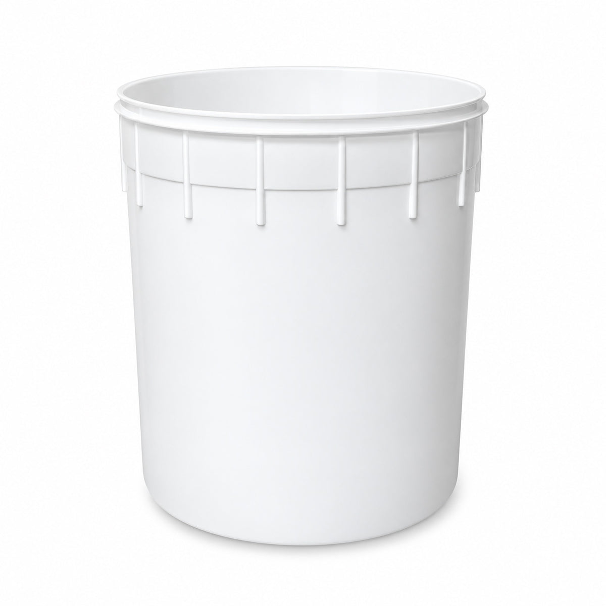 A 3 Gallon BPA-Free Food-Grade Freezer-Safe Ice Cream Container, featuring a large, plain white plastic body with a circular shape and vertical ridges near the top, is shown on a white background.