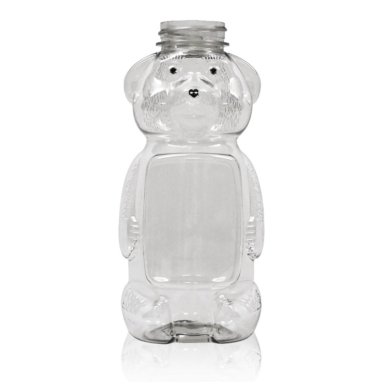 A clear, 48 oz. PET Flat Panel Bear bottle (38/400 Standard), standing upright with a blank label area on its front and the cap removed, sold in a case of 85.