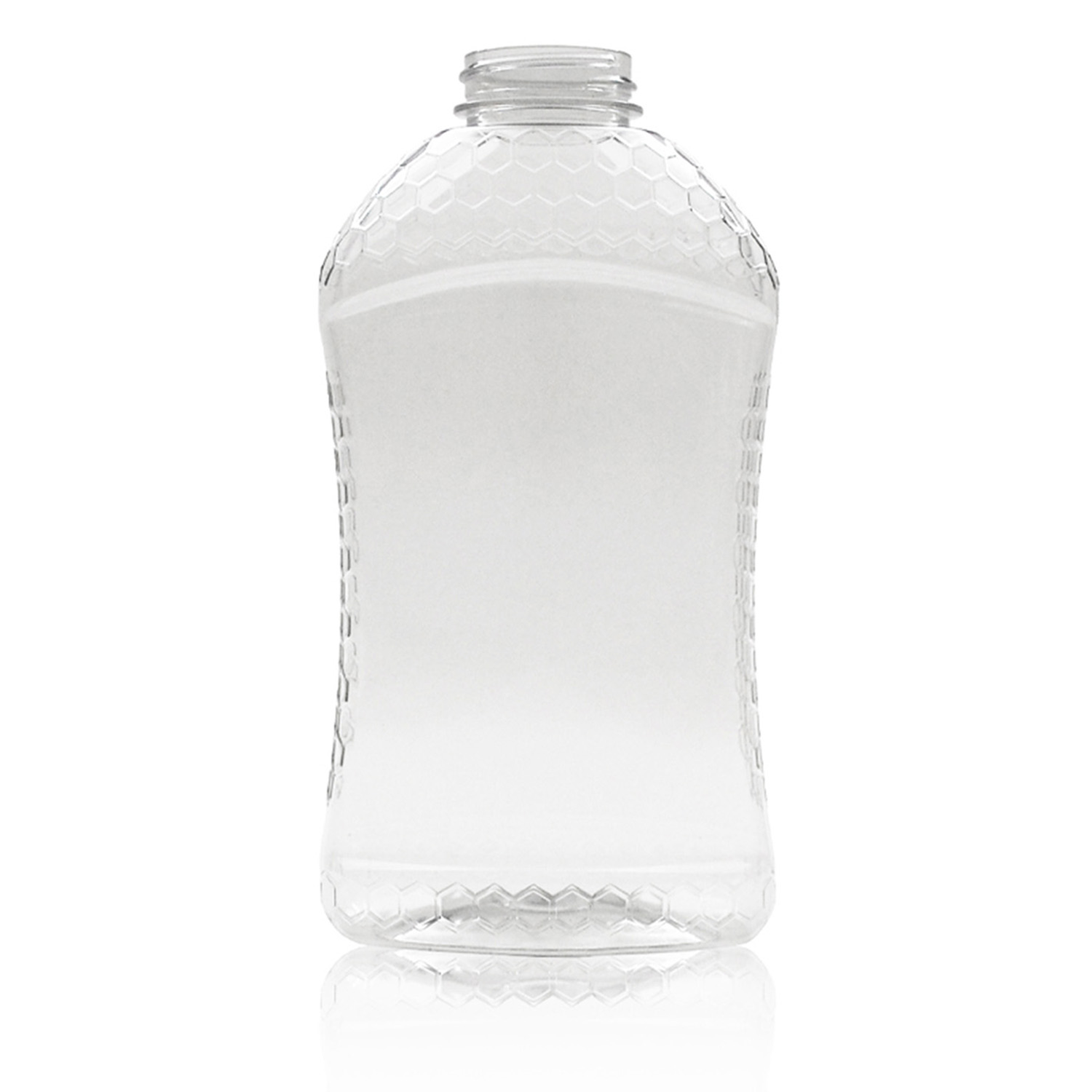 A 48 oz. PET Honeycomb Hour Glass bottle (38/400 Standard), featuring a textured honeycomb pattern on the sides, stands upright against a white background.