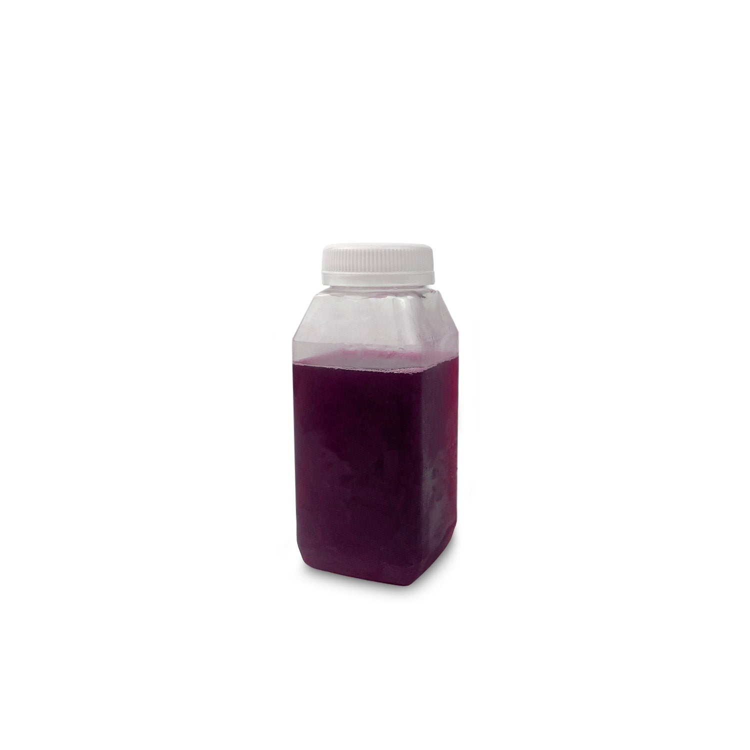 A square, clear BPA-free food-grade plastic bottle (4 oz. size) with a white cap, filled with dark purple liquid, is centered on a plain white background. This bottle is part of a case of 100 bottles available in sizes from 4 to 32 oz.