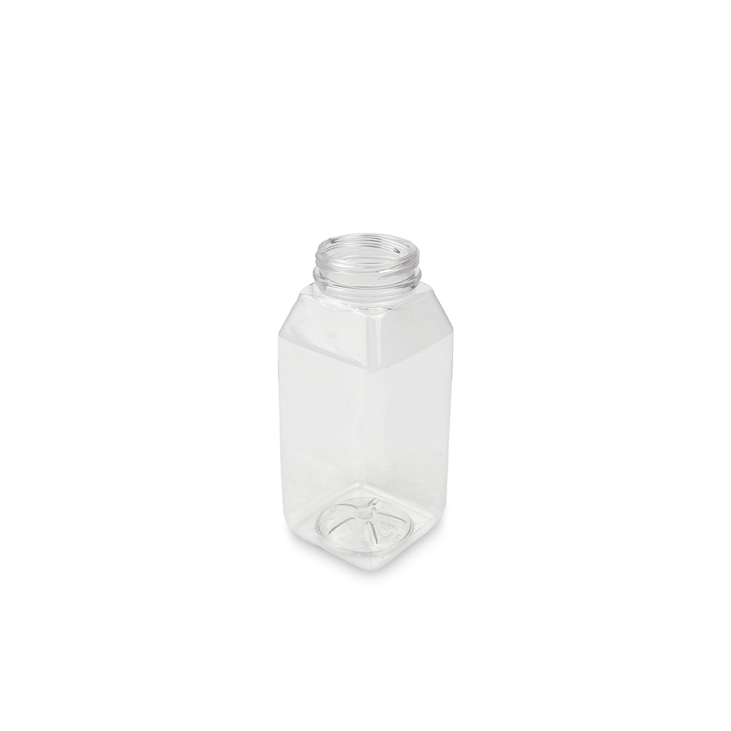 A clear, empty, BPA-free food-grade square plastic bottle with a wide threaded neck from the 4 oz. to 32 oz. Square Bottles Case of 100 is shown upright on a white background.