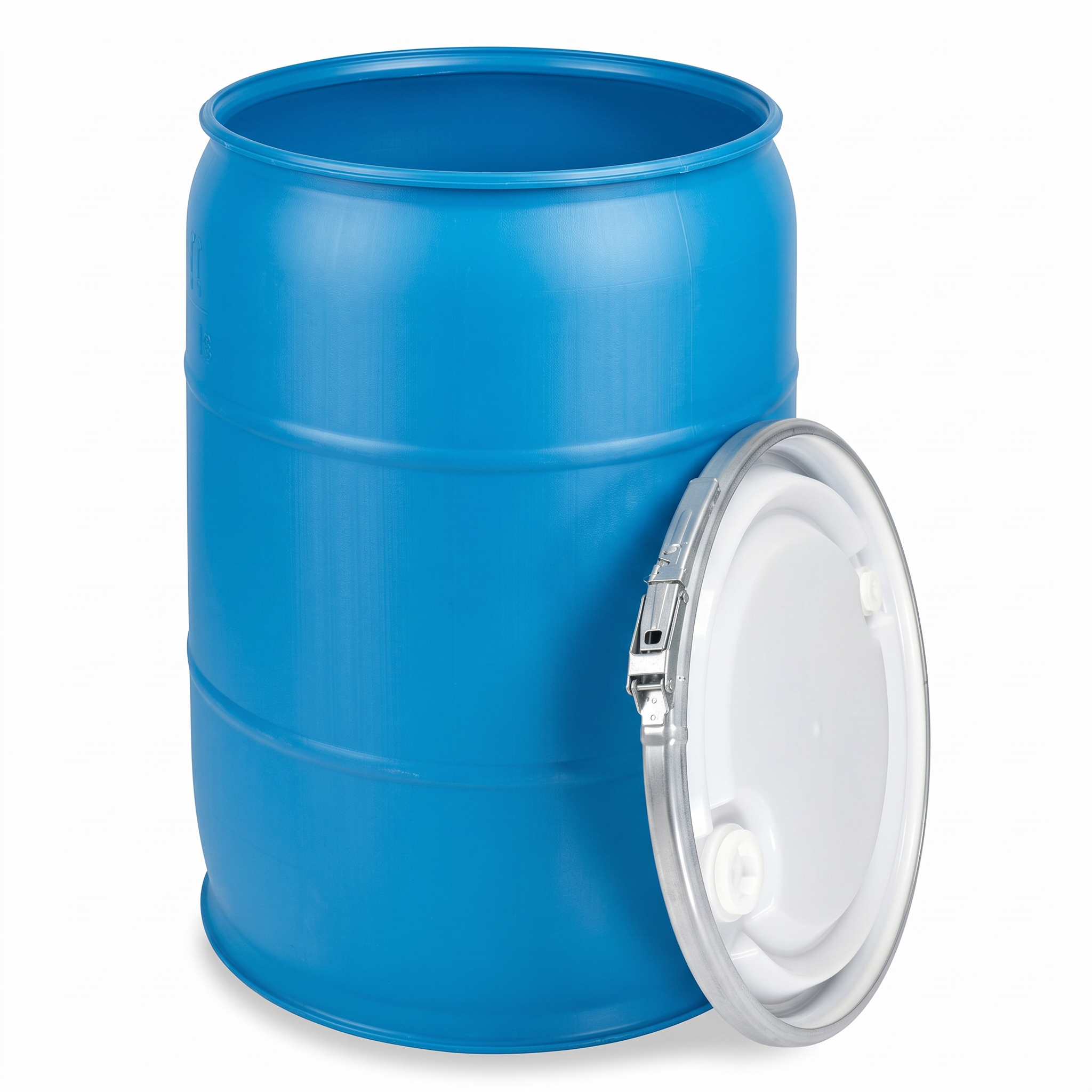 55 Gallon Plastic Drum Open Head with Lever Lock Lid Blue