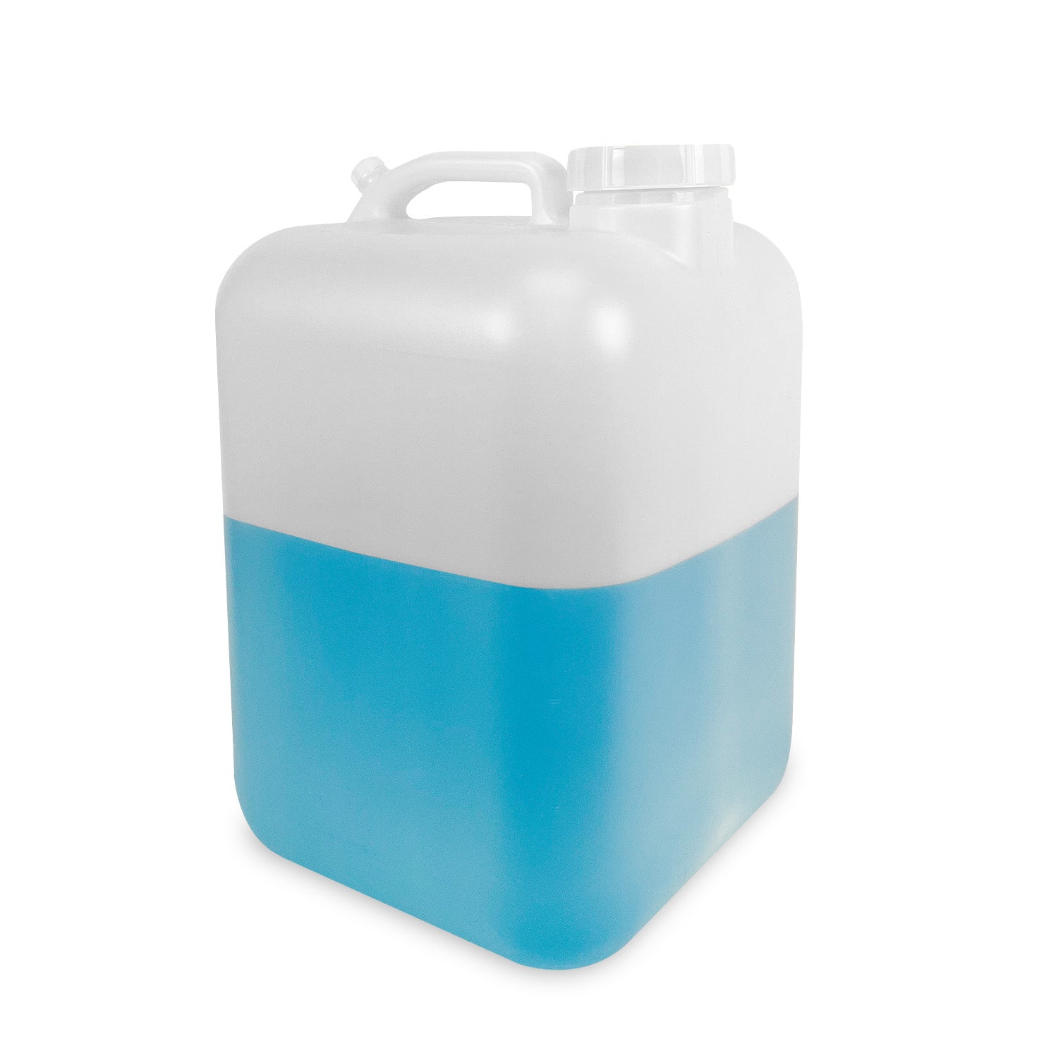 A 5 Gallon BPA-Free Food-Grade Hedpak with a handle and 70 mm screw cap, made of white plastic and partially filled with blue liquid. The rectangular container has rounded edges and is set against a white background.