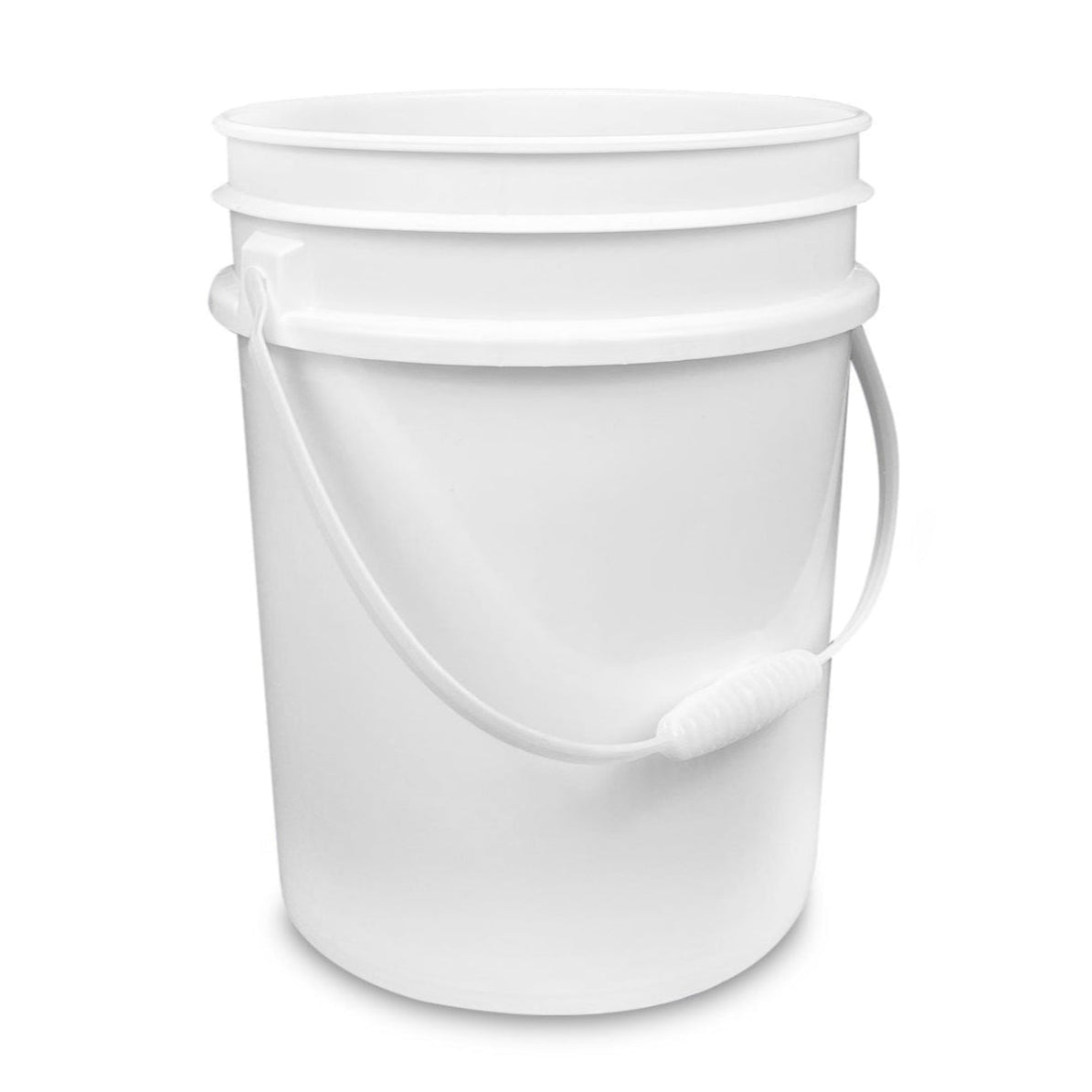 A White 5 Gallon 90 Mil Food-Grade Bucket with a plastic handle, shown against a white background.