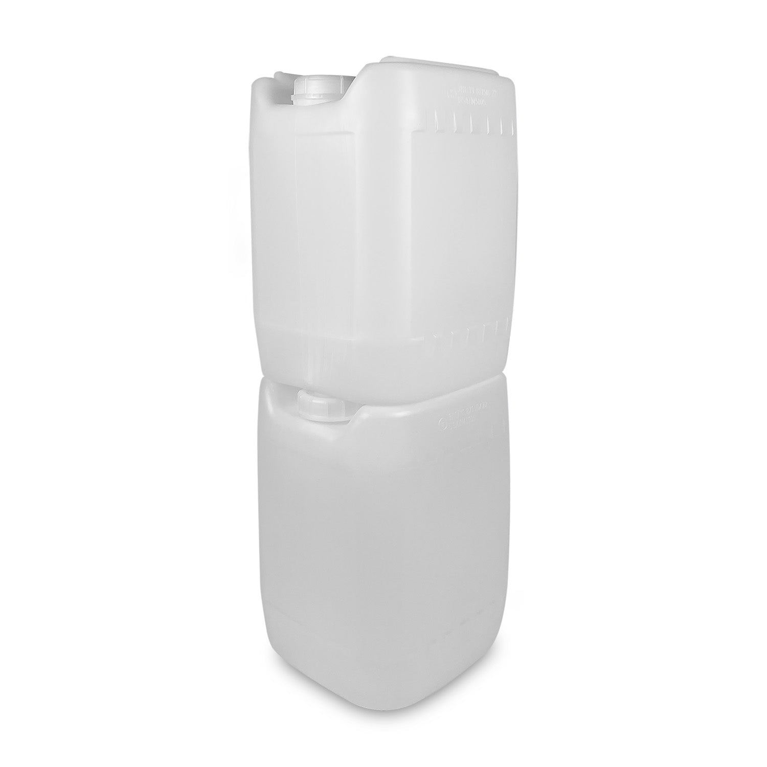 A 5 Gallon UN-Rated Rectangular Tight Head (1 Count, cap sold separately) jerry can is shown vertically stacked against a plain white background. The plastic container is large and white, with a rectangular shape.