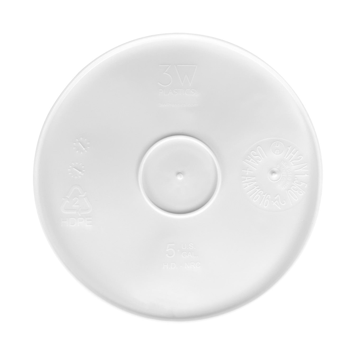 The 5 Gallon 95 Mil UN Rated BPA-Free Food-Grade Bucket features a white plastic lid viewed from above, embossed with recycling symbols, numbers, letters, manufacturer info in a circular pattern, and a central raised circle.